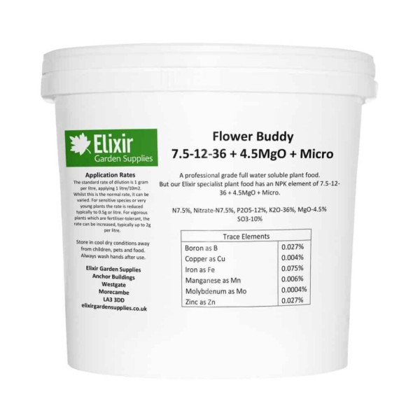 (Tub, 25kg) Elixir Gardens | Flower Buddy | Soluble | 7.5-12-36 + 4.5MgO + Micro | In Tub or Bag