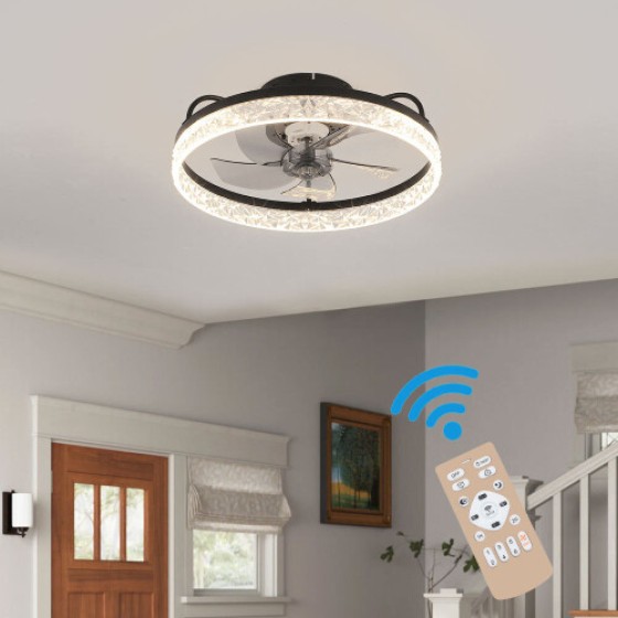 (Black) Modern Round Crystal LED Ceiling Fan Light with Remote Control