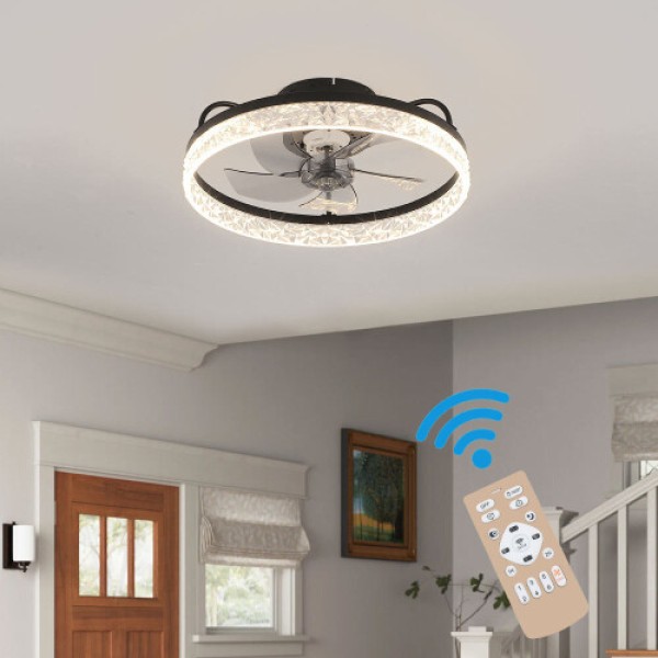 (Black) Modern Round Crystal LED Ceiling Fan Light with Remote Control
