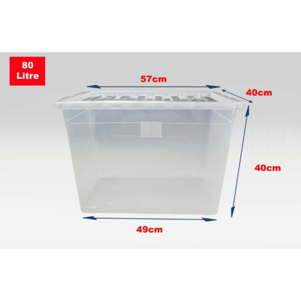 (Set of 5, 80 Litre) Clear Plastic Storage Boxes With Black Lids Home