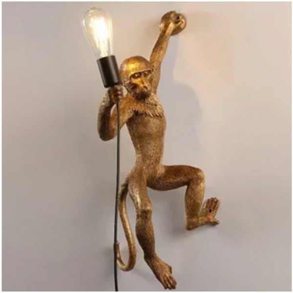 Modern Creative Jute Rope Chandelier Resin Black Monkey Light Home Dining Room Bedroom Animal Decoration LED Ceiling Light (Gold Wall Left Side)