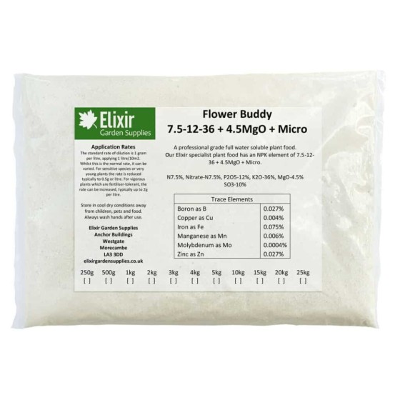 (Bag, 25kg) Elixir Gardens | Flower Buddy | Soluble | 7.5-12-36 + 4.5MgO + Micro | In Tub or Bag