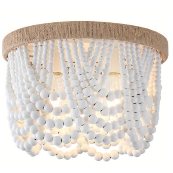 (1-Pack) Three-Light Semi-Ceiling Light, Bohemian Cottage Style, White Wooden Bead Chandelier