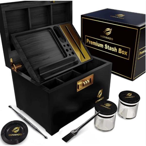Premium Large Stash Box - Storage Box Wooden Smell Proof Locking Storage Box with Rolling Tray - Storage Wood Box for Herbs and Accessories - Storage