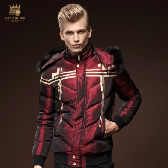 メンズ秋冬スリムフィットショートフード付きダウンジャケット、カジュアルプラスサイズトレンディーフリースアウター