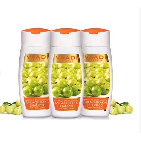 100% オーガニック Vaadi Herbals 抗脱毛 & 損傷 Amla-Shikakai シャンプー Reetha エキス配合 (110ml x 3)