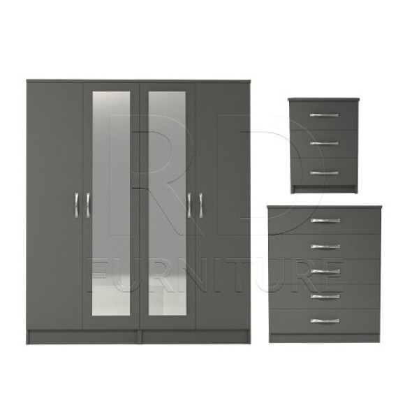 Pre-assembled three-piece set including a classic four-door double-sided mirror wardrobe, five-drawer chest, and bedside table set (Gray).