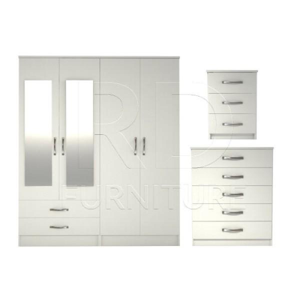 Pre-assembled three-piece set including a classic four-door mirrored wardrobe with two drawers, five-drawer chest, and bedside table set (White).