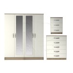 Pre-assembled three-piece set including a classic four-door double-sided mirrored wardrobe, five-drawer chest, and bedside table set (Oak and White).