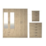 Pre-assembled three-piece set including a classic four-door mirrored wardrobe with two drawers, five-drawer chest, and bedside table set (Oak material).