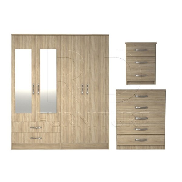 Pre-assembled three-piece set including a classic four-door mirrored wardrobe with two drawers, five-drawer chest, and bedside table set (Oak material).