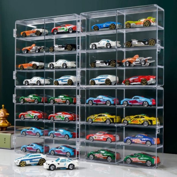 1:64 Display Case with 8 Clear Compartments, Mini Car Organizer for Matchbox and Hot Wheels, 4 Pack Showcase Cabinet