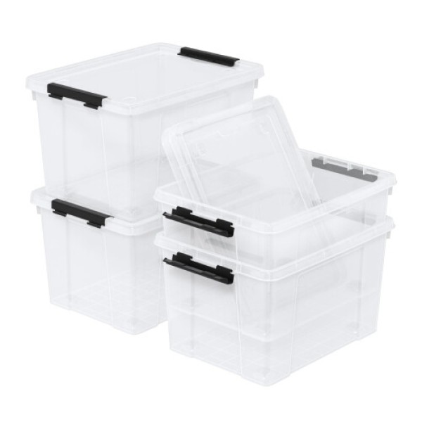 22 Quart Clear Latch Storage Box Set, 4 Pack Stackable Home Organization Containers with Lid and Buckle Closure