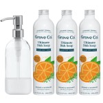 Grove Co. Ultimate Dish Soap Refills (3 x 16 Fl Oz) + Refillable Glass Dish Soap Dispenser for Kitchen Sink with Non-Slip Silicone Sleeve Plasti