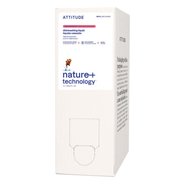 ATTITUDE Dishwashing Liquid EWG Verified Vegan Dish Soap Plant Based Naturally Derived Products Pink Grapefruit Bulk Refill 135.3 Fl Oz