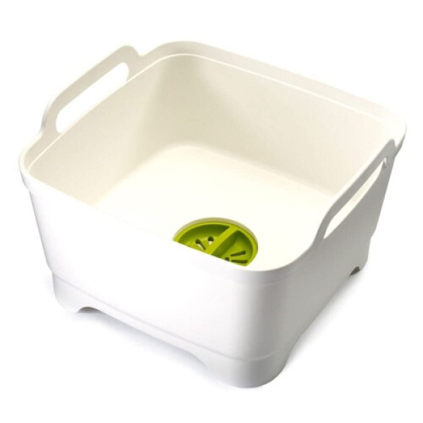 Wash & Drain Kitchen Washing Up Bowl with Handles and Draining Plug, 9 Litres, White/Green