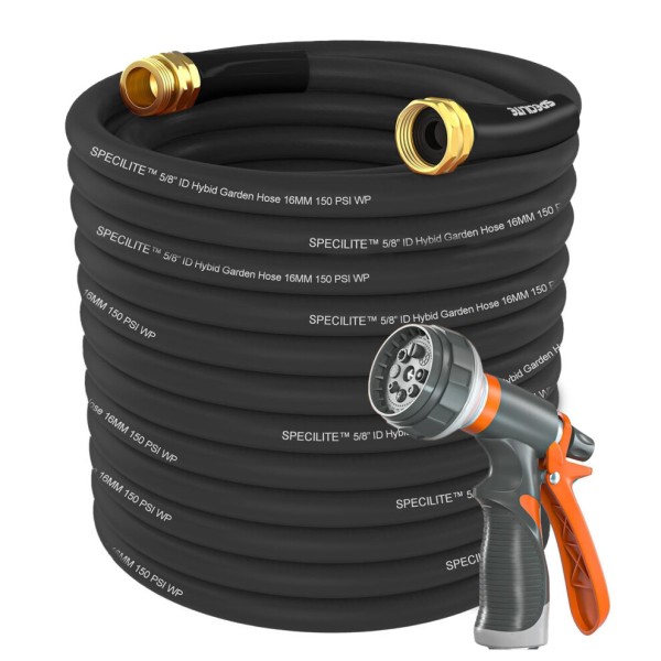 SPECILITE Garden Hose 200 ft x 58 in Heavy Duty Flexible and Lightweight Water Hose Burst 600 psi Kinkless Black Hybrid Rub