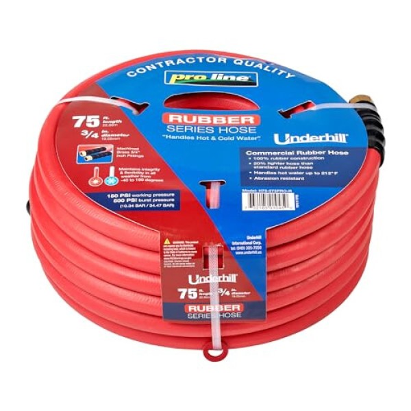 Underhill Proline Rubber Series Heavy-Duty Garden Hose for Hot or Cold Water, Lightweight, 500 PSI BP, 150 PSI WP, H75-075PRO-R 3/4 Inch x 75 ft Red
