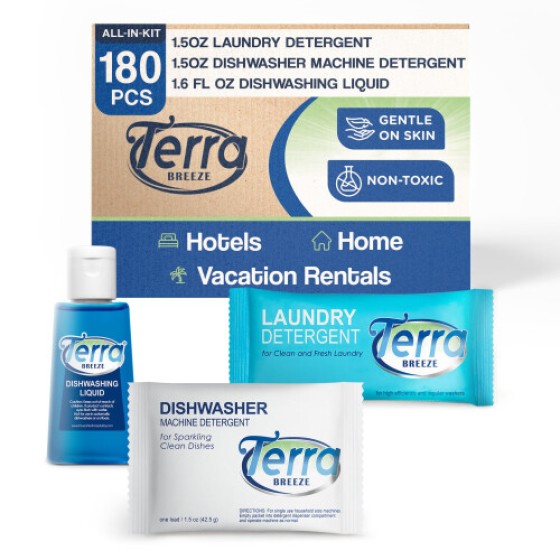 旅行用ランドリー洗剤＆食器用洗剤｜Terra Breeze 1-Shoppe アメニティキット｜食器用洗剤・洗濯用洗剤｜180個入り