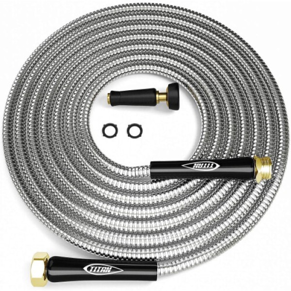 TITAN Garden Hose 150FT 304 Stainless Steel Metal Water Hose Flexible KinkFree Lightweight Durable Crush Resistant Fittin
