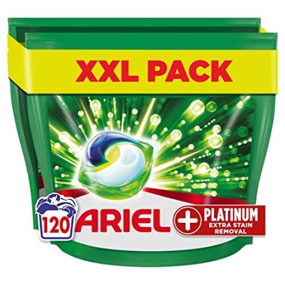Ariel All-in-One Platinum Laundry Detergent Pods, 120 washes (60 x 2), powerful stain removal, more hygienic.