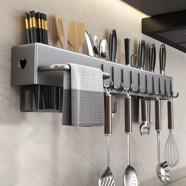 Wall-Mounted Kitchen Storage Rack with Hooks, 60cm Utensil Holder
