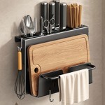 Wall-Mounted Utensil Rack, Black Kitchen Utensil Rack with Cutting Board Holder, Multifunctional Storage Organizer, for Storing Utensils and Towels
