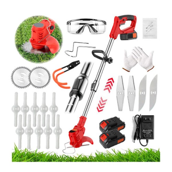 Jwdj Battery Powered Weed Eater Edger Lawn Tool Cordless Trimmers Lawn Edger String Trimmer with Batteries & Replace Blades for Yard Garden,red