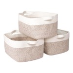 The Univivi three-piece storage basket set includes: a rope towel basket, a white bathroom storage basket, a living room woven blanket basket, and a shoe storage basket.