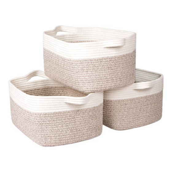 The Univivi three-piece storage basket set includes: a rope towel basket, a white bathroom storage basket, a living room woven blanket basket, and a shoe storage basket.