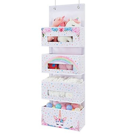 Unicorn Door Rear Hanging Storage Rack - 4 clear window pockets, suitable for baby girl storage, bathroom organization, toy and diaper storage.