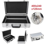 Large hard-shell aluminum-alloy flight case with foam lining, lockable, for storing tools, cameras, and firearms.