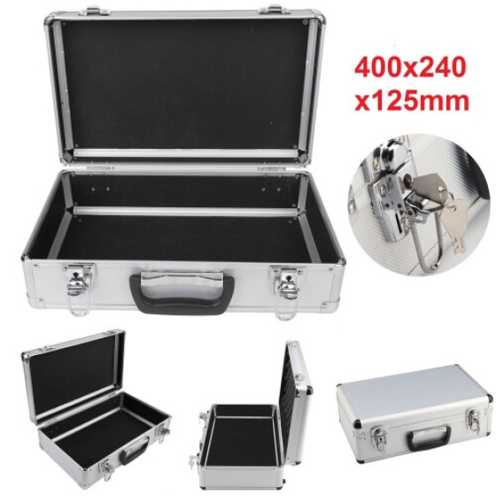 Large hard-shell aluminum-alloy flight case with foam lining, lockable, for storing tools, cameras, and firearms.