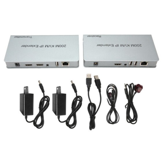 200m KVM IP Extender, RJ45 HDMI, KVM over IP Extender, with Wide-Angle IR, Supports TCP/IP, Transmission via UTP/STP, for PC, 100-240V, US Plug