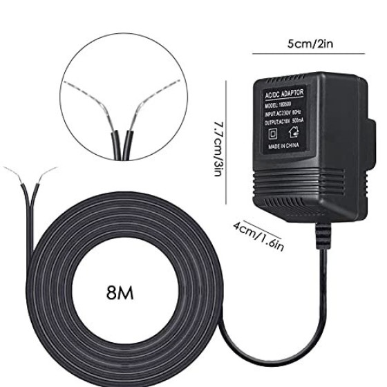 ConBlom 18V/500mA Doorbell Transformer UK - Plug-in Power Supply for Video Door Bell & Smart Thermostats, 5m/16ft Cable