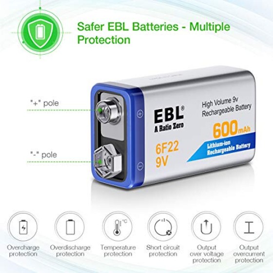 EBL 9 Volt 600mAh Rechargeable Batteries Li-ion Batteries with Smart LCD 9V Battery Charger for 9V Lithium-ion/Ni-MH/Ni-CD Rechargeable Batteries