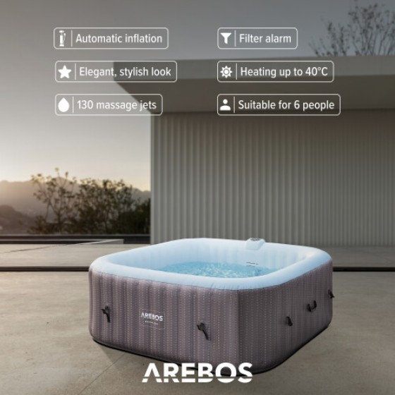 AREBOS Inflatable Whirlpool Bathtub | Indoor/Outdoor Use | 6 Seats | 130 Massage Jets | Heating Function | 910L Capacity | Includes Tub Cover | Bubble Spa & Health Massage