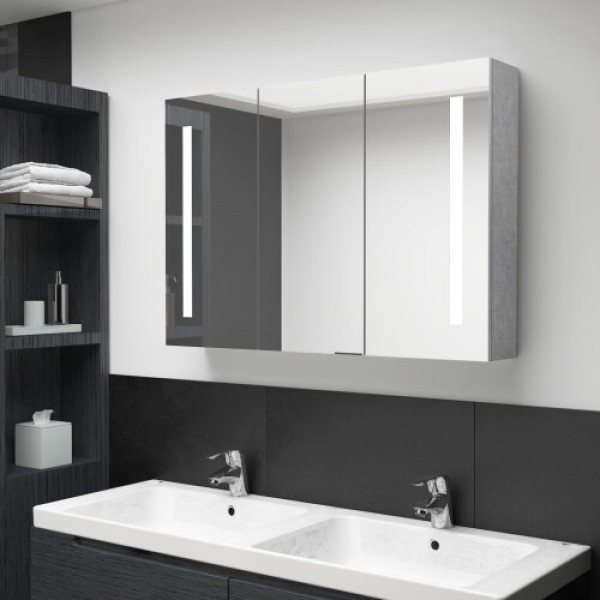 vidaXL LED Bathroom Mirror Cabinet Cement Grey - Wall-Mounted Vanity, 3 Doors, 5 Shelves, LED Lighting, 89x14x62 cm (326525)